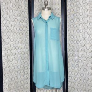 Lush Sheer Sleeveless High Low Button Down Top